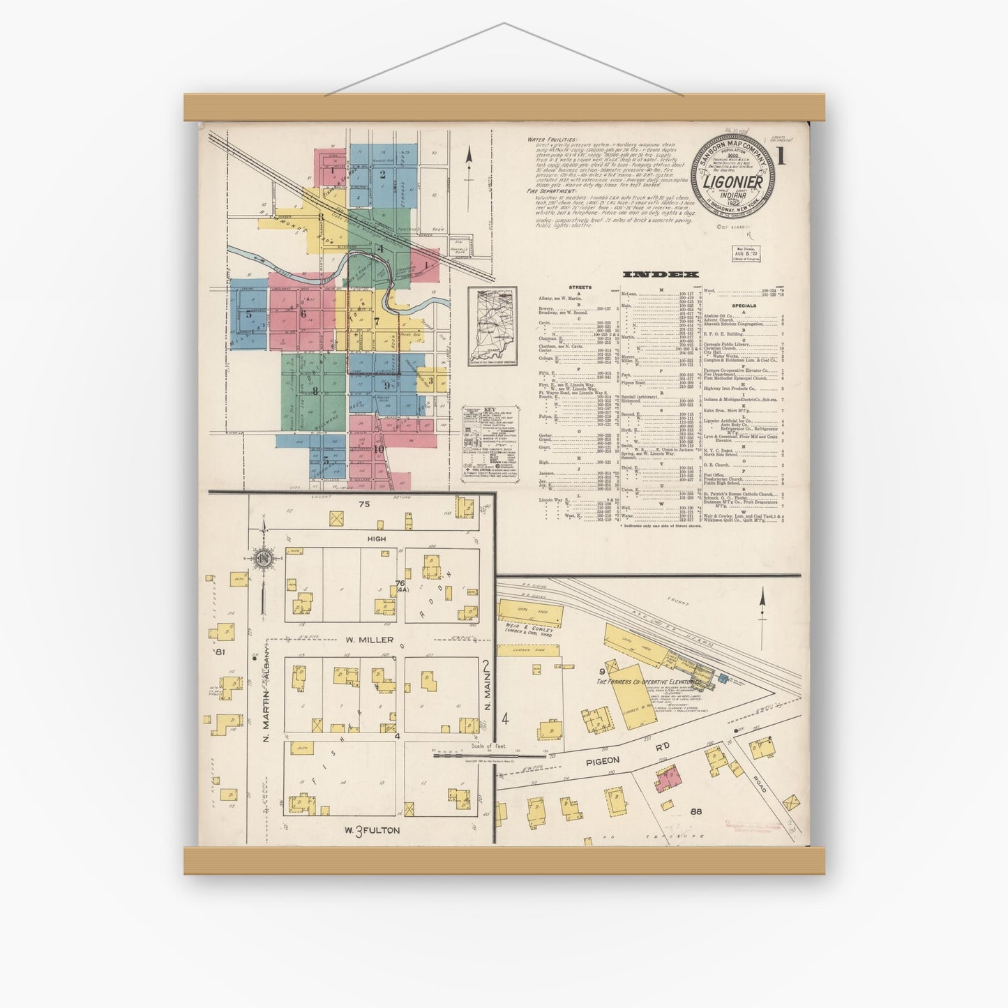Old map wall art mockup — magnetic wood frame on white wall — Sanborn Fire Insurance Map from Ligonier, Noble County, Indiana (1922) - Complete Map Set