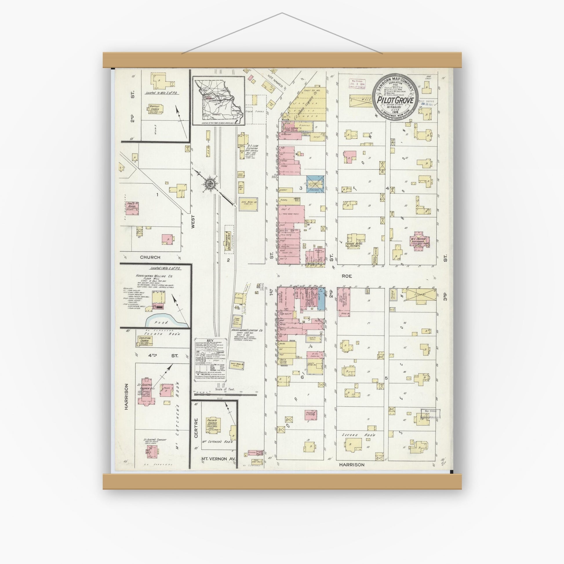 Old map wall art mockup — magnetic wood frame on white wall — Sanborn Fire Insurance Map from Pilot Grove, Cooper County, Missouri (1914), Sheet #0001