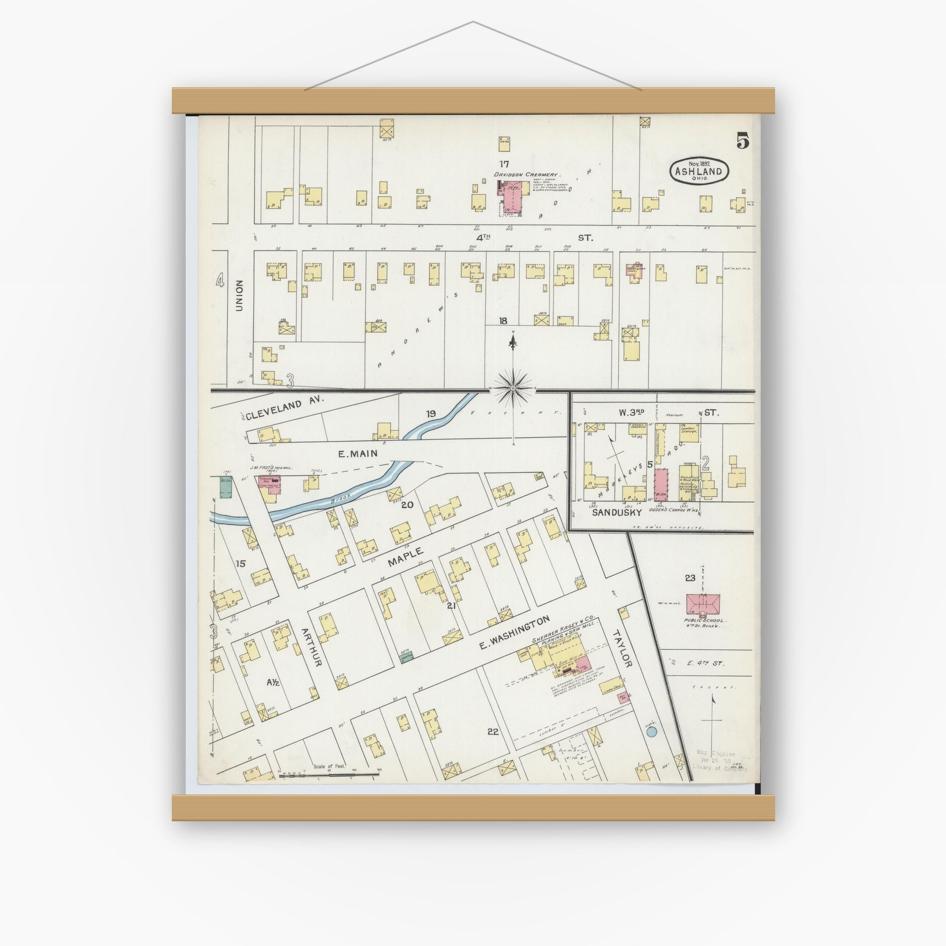 Old map wall art mockup — magnetic wood frame on white wall — Sanborn Fire Insurance Map from Ashland, Ashland County, Ohio (1893), Sheet #0005