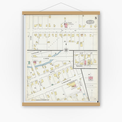 Old map wall art mockup — magnetic wood frame on white wall — Sanborn Fire Insurance Map from Ashland, Ashland County, Ohio (1893), Sheet #0005