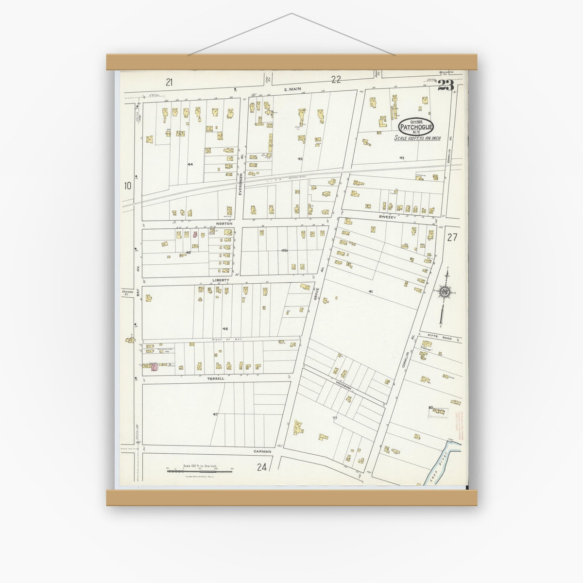 Old map wall art mockup — magnetic wood frame on white wall — Sanborn Fire Insurance Map from Patchogue, Suffolk County, New York (1916), Sheet #0023