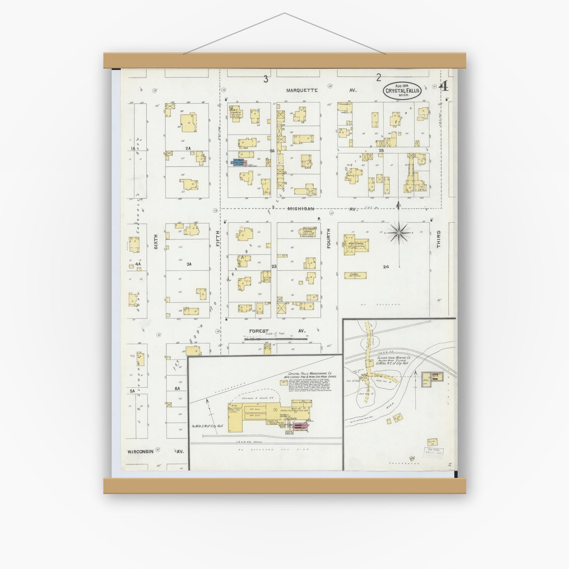 Old map wall art mockup — magnetic wood frame on white wall — Sanborn Fire Insurance Map from Crystal Falls, Iron County, Michigan (1904), Sheet #0004
