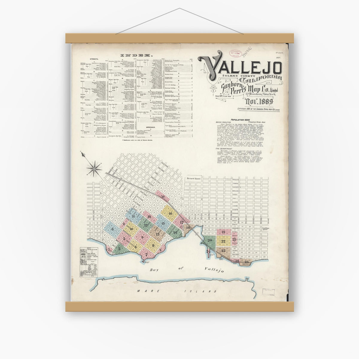 Old map wall art mockup — magnetic wood frame on white wall — Sanborn Fire Insurance Map from Vallejo, Solano County, California (1889) - Complete Map Set