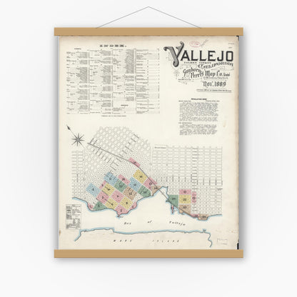 Old map wall art mockup — magnetic wood frame on white wall — Sanborn Fire Insurance Map from Vallejo, Solano County, California (1889) - Complete Map Set