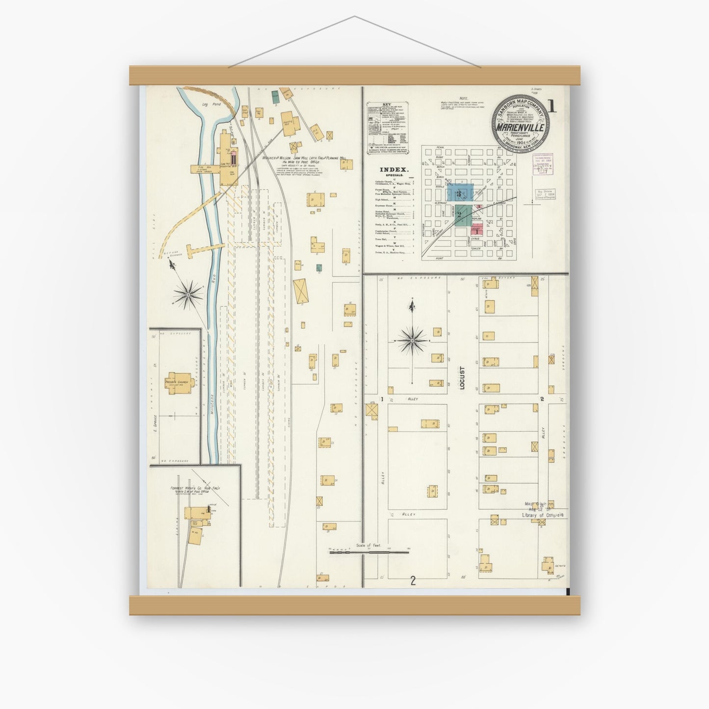 Old map wall art mockup — magnetic wood frame on white wall — Sanborn Fire Insurance Map from Marienville, Forest County, Pennsylvania (1904) - Complete Map Set