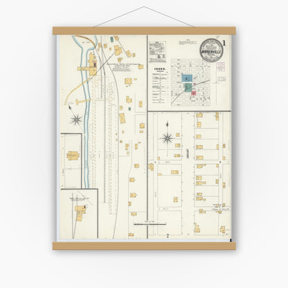 Old map wall art mockup — magnetic wood frame on white wall — Sanborn Fire Insurance Map from Marienville, Forest County, Pennsylvania (1904) - Complete Map Set