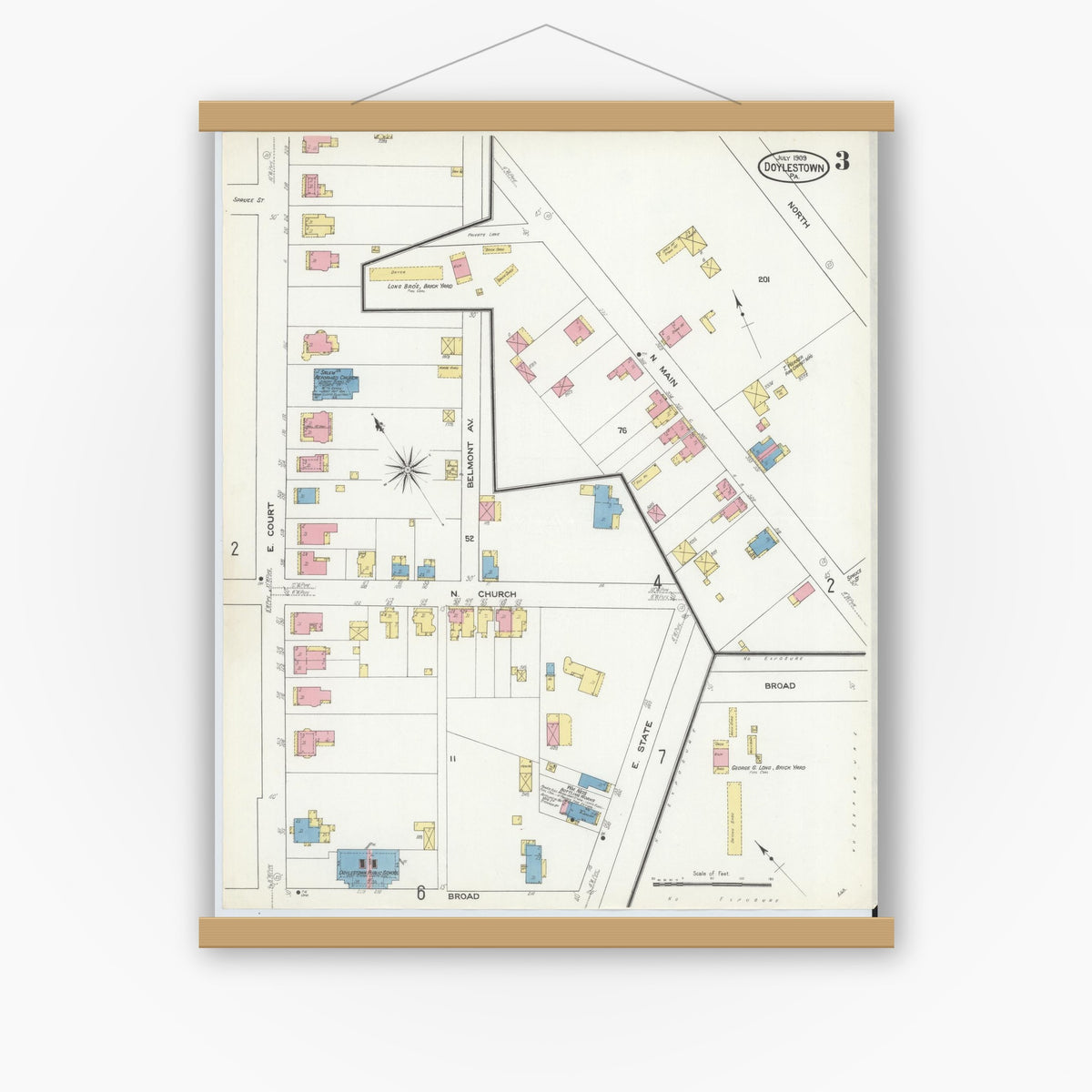 Old map wall art mockup — magnetic wood frame on white wall — Sanborn Fire Insurance Map from Doylestown, Bucks County, Pennsylvania (1909), Sheet #0003