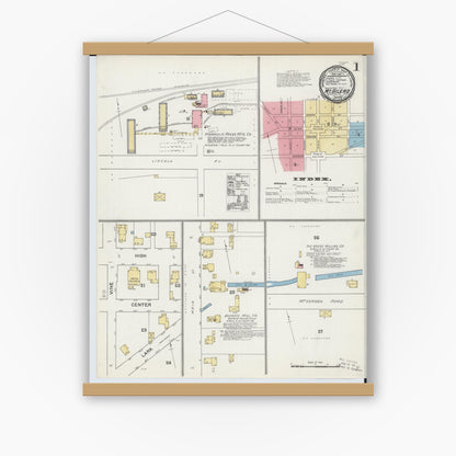 Old map wall art mockup — magnetic wood frame on white wall — Sanborn Fire Insurance Map from Mount Gilead, Morrow County, Ohio (1892), Sheet #0001