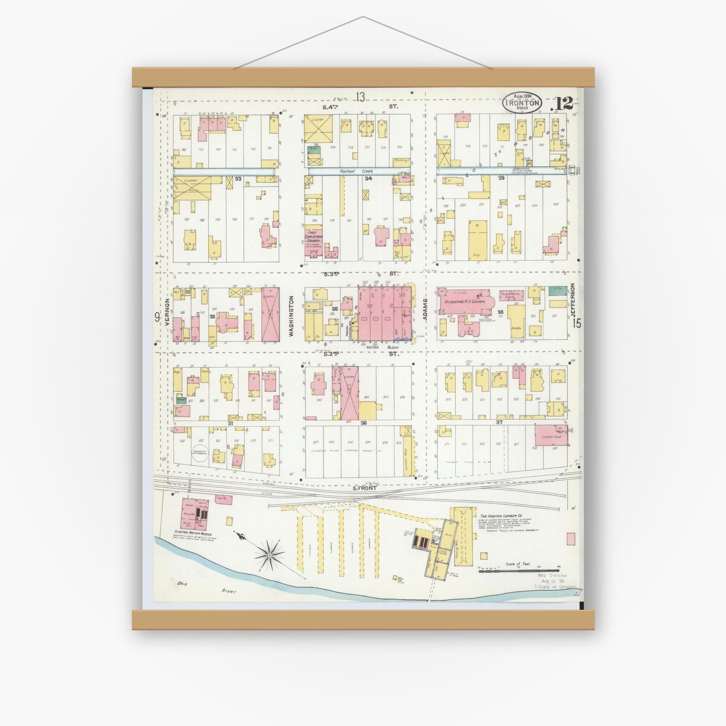 Old map wall art mockup — magnetic wood frame on white wall — Sanborn Fire Insurance Map from Ironton, Lawrence County, Ohio (1904), Sheet #0012