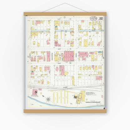 Old map wall art mockup — magnetic wood frame on white wall — Sanborn Fire Insurance Map from Ironton, Lawrence County, Ohio (1904), Sheet #0012