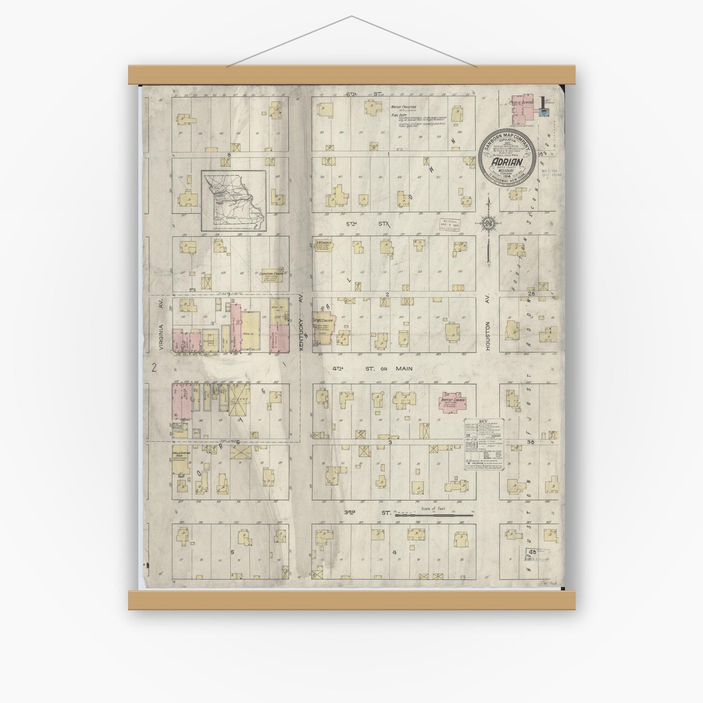 Old map wall art mockup — magnetic wood frame on white wall — Sanborn Fire Insurance Map from Adrian, Bates County, Missouri (1914) - Complete Map Set