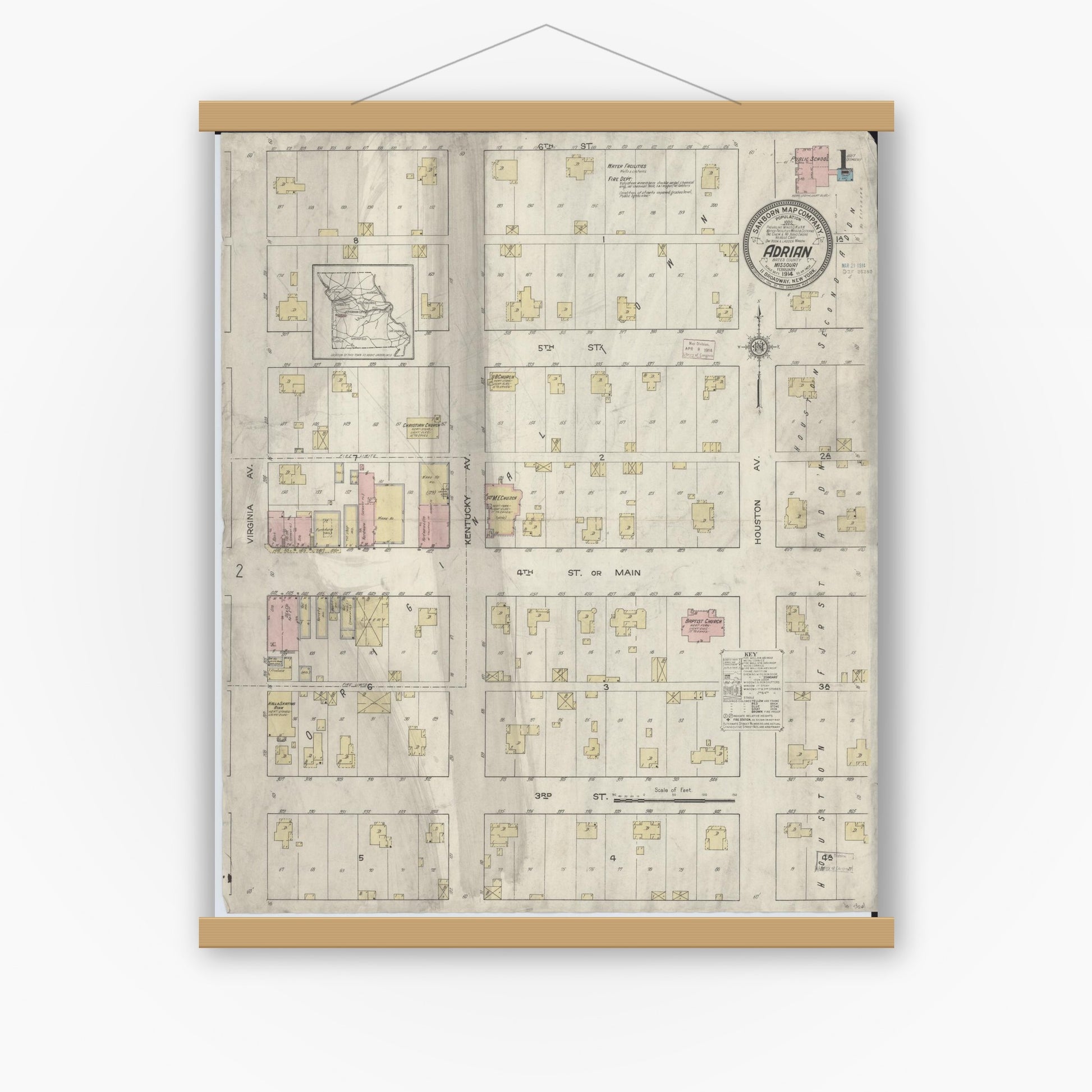 Old map wall art mockup — magnetic wood frame on white wall — Sanborn Fire Insurance Map from Adrian, Bates County, Missouri (1914) - Complete Map Set