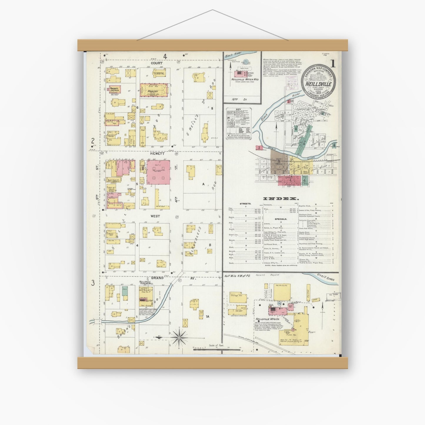 Old map wall art mockup — magnetic wood frame on white wall — Sanborn Fire Insurance Map from Neillsville, Clark County, Wisconsin (1903) - Complete Map Set