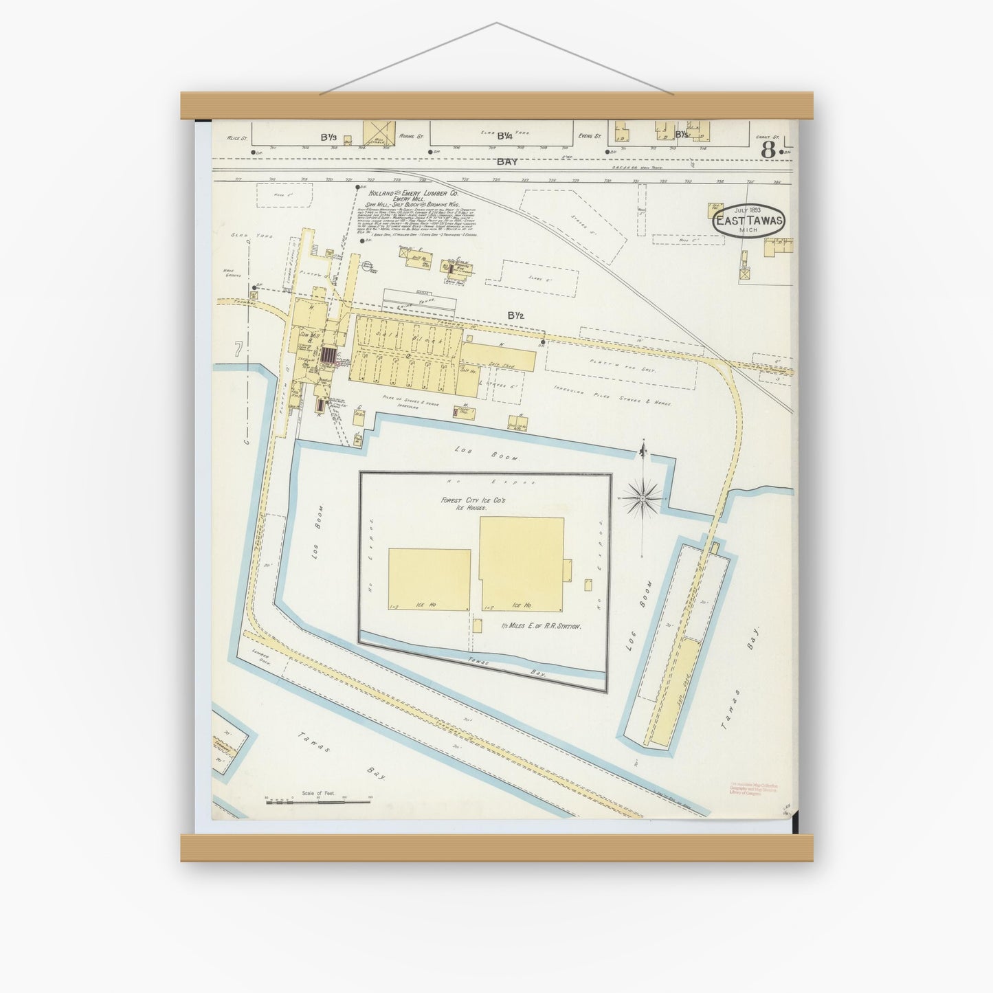 Old map wall art mockup — magnetic wood frame on white wall — Sanborn Fire Insurance Map from East Tawas, Iosco County, Michigan (1893), Sheet #0008