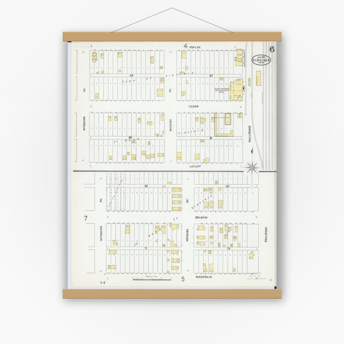 Old map wall art mockup — magnetic wood frame on white wall — Sanborn Fire Insurance Map from Virginia, Saint Louis County, Minnesota (1904), Sheet #0006