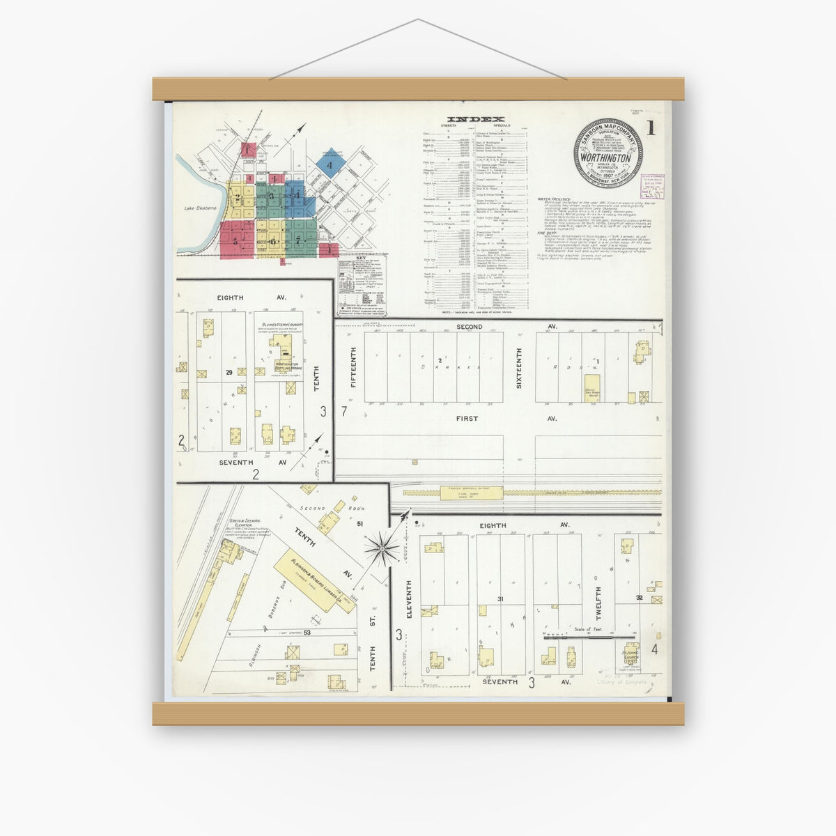 Old map wall art mockup — magnetic wood frame on white wall — Sanborn Fire Insurance Map from Worthington, Nobles County, Minnesota (1907), Sheet #0001