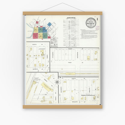 Old map wall art mockup — magnetic wood frame on white wall — Sanborn Fire Insurance Map from Worthington, Nobles County, Minnesota (1907), Sheet #0001