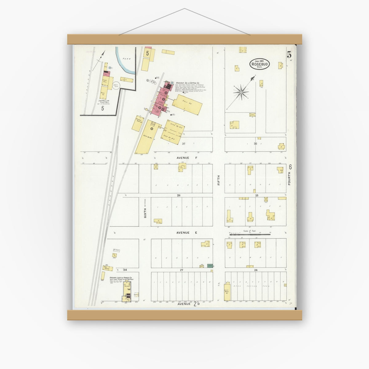 Old map wall art mockup — magnetic wood frame on white wall — Sanborn Fire Insurance Map from Rosebud, Falls County, Texas (1909), Sheet #0005