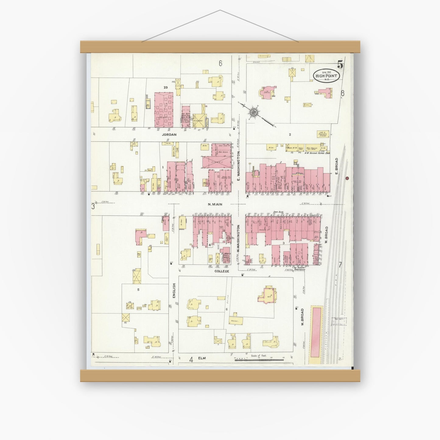 Old map wall art mockup — magnetic wood frame on white wall — Sanborn Fire Insurance Map from High Point, Guilford County, North Carolina (1911), Sheet #0005