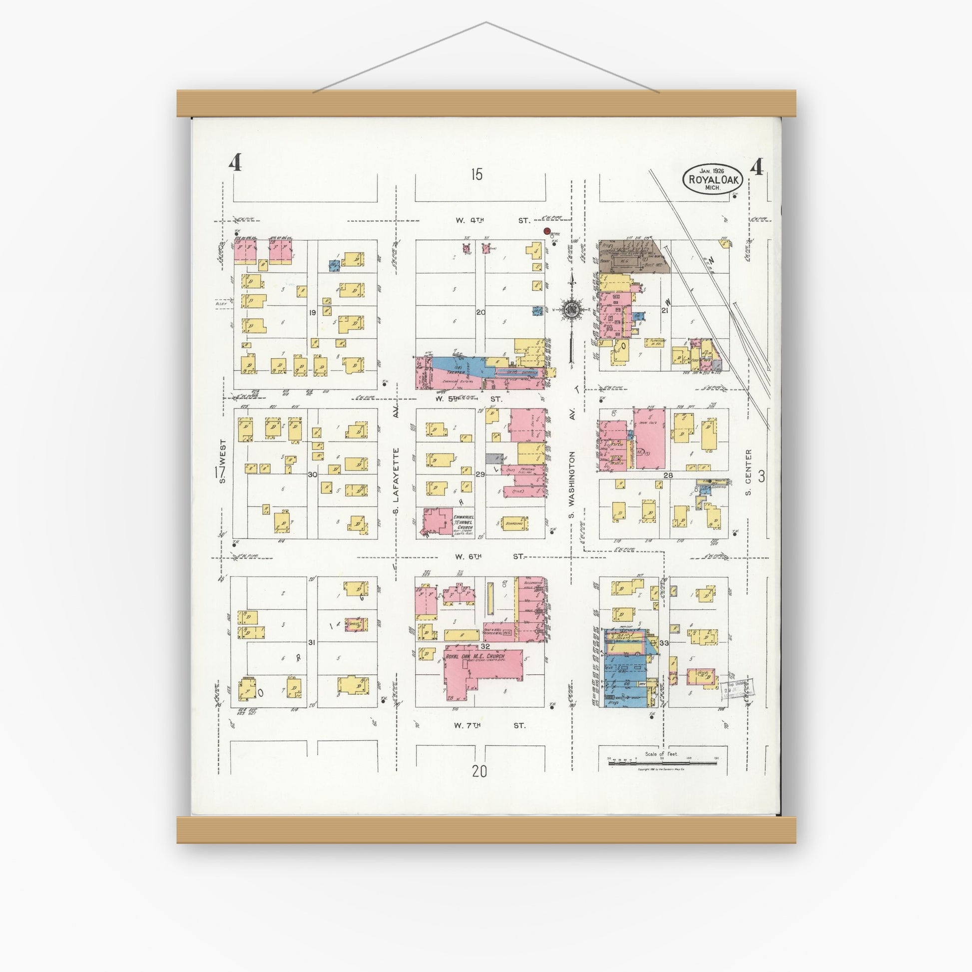 Old map wall art mockup — magnetic wood frame on white wall — Sanborn Fire Insurance Map from Royal Oak, Oakland County, Michigan (1926), Sheet #0004
