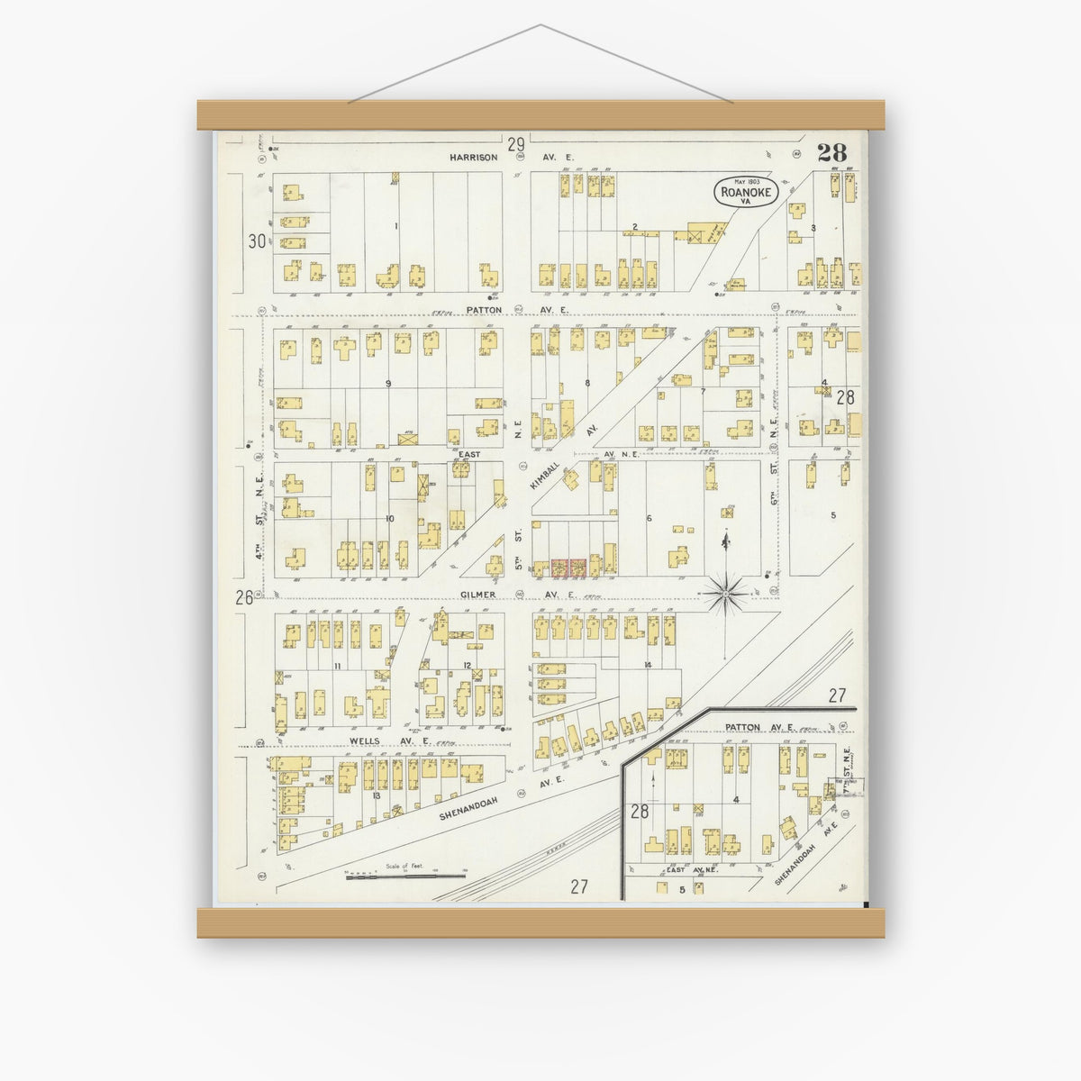 Old map wall art mockup — magnetic wood frame on white wall — Sanborn Fire Insurance Map from Roanoke, Independent Cities, Virginia (1903), Sheet #0028