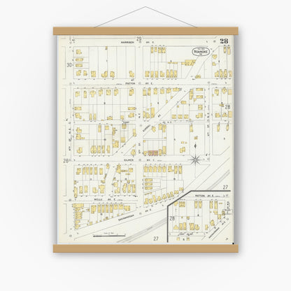 Old map wall art mockup — magnetic wood frame on white wall — Sanborn Fire Insurance Map from Roanoke, Independent Cities, Virginia (1903), Sheet #0028