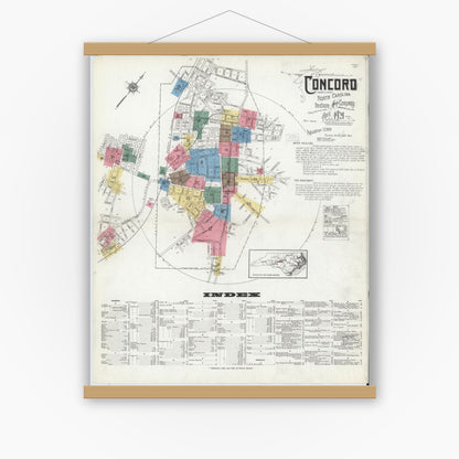 Old map wall art mockup — magnetic wood frame on white wall — Sanborn Fire Insurance Map from Concord, Cabarrus County, North Carolina (1921) - Complete Map Set