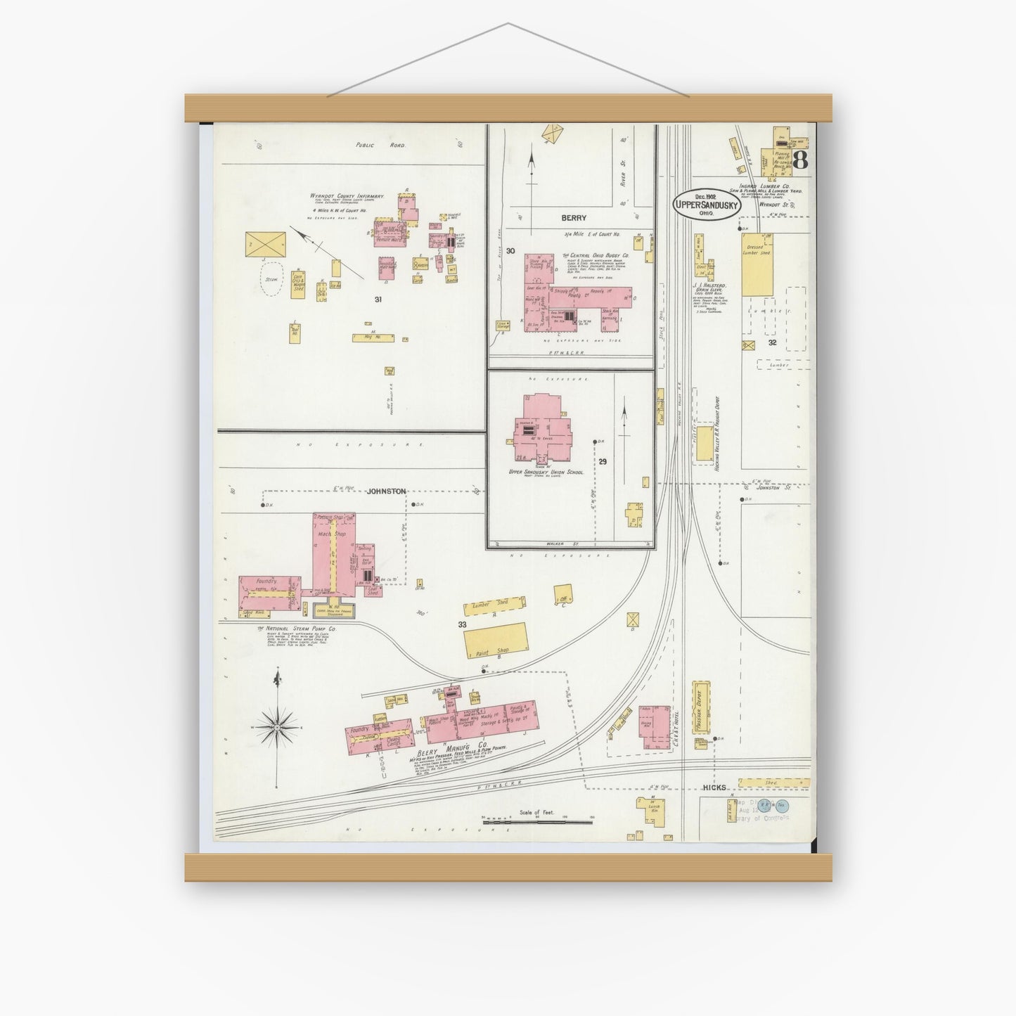 Old map wall art mockup — magnetic wood frame on white wall — Sanborn Fire Insurance Map from Upper Sandusky, Wyandot County, Ohio (1902), Sheet #0008