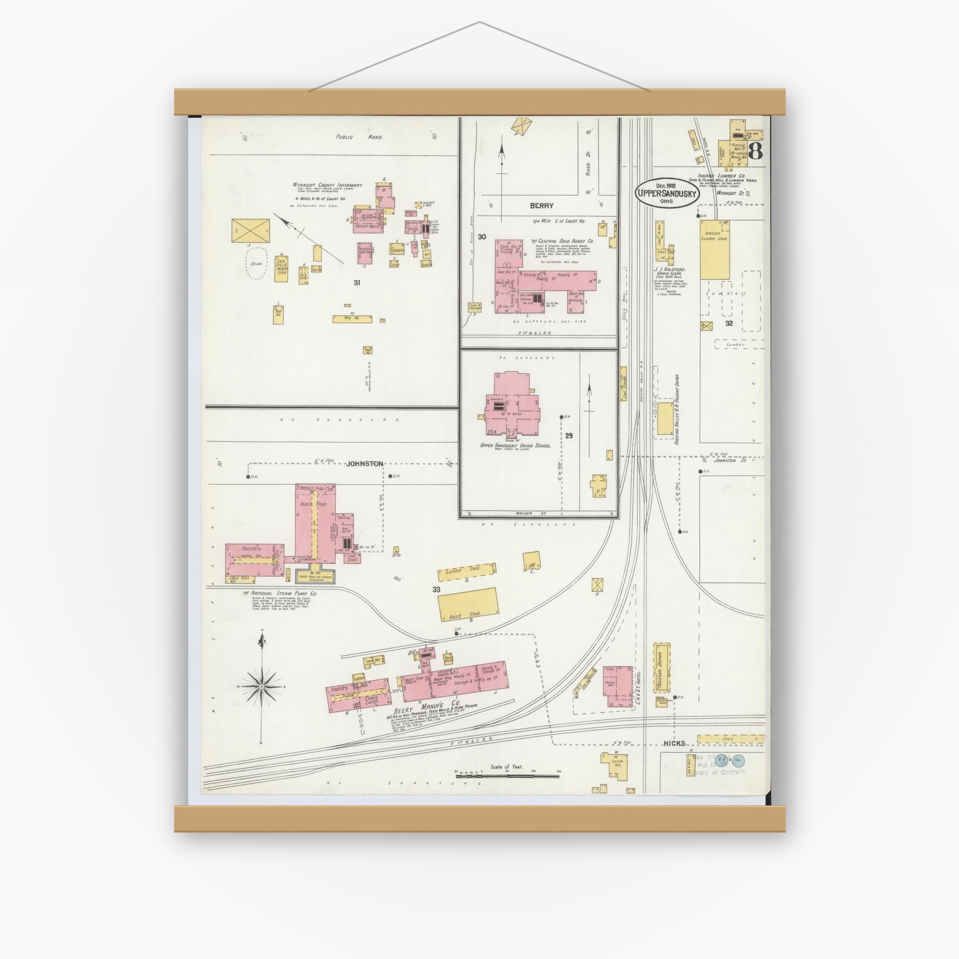 Old map wall art mockup — magnetic wood frame on white wall — Sanborn Fire Insurance Map from Upper Sandusky, Wyandot County, Ohio (1902), Sheet #0008