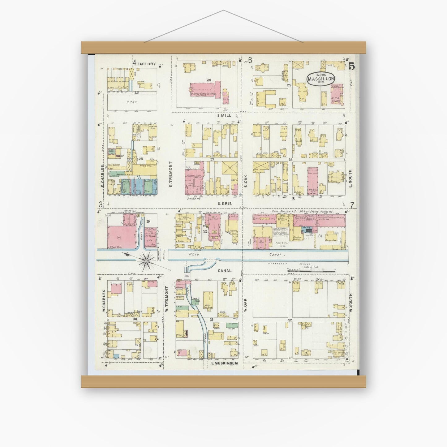 Old map wall art mockup — magnetic wood frame on white wall — Sanborn Fire Insurance Map from Massillon, Stark County, Ohio (1896), Sheet #0005
