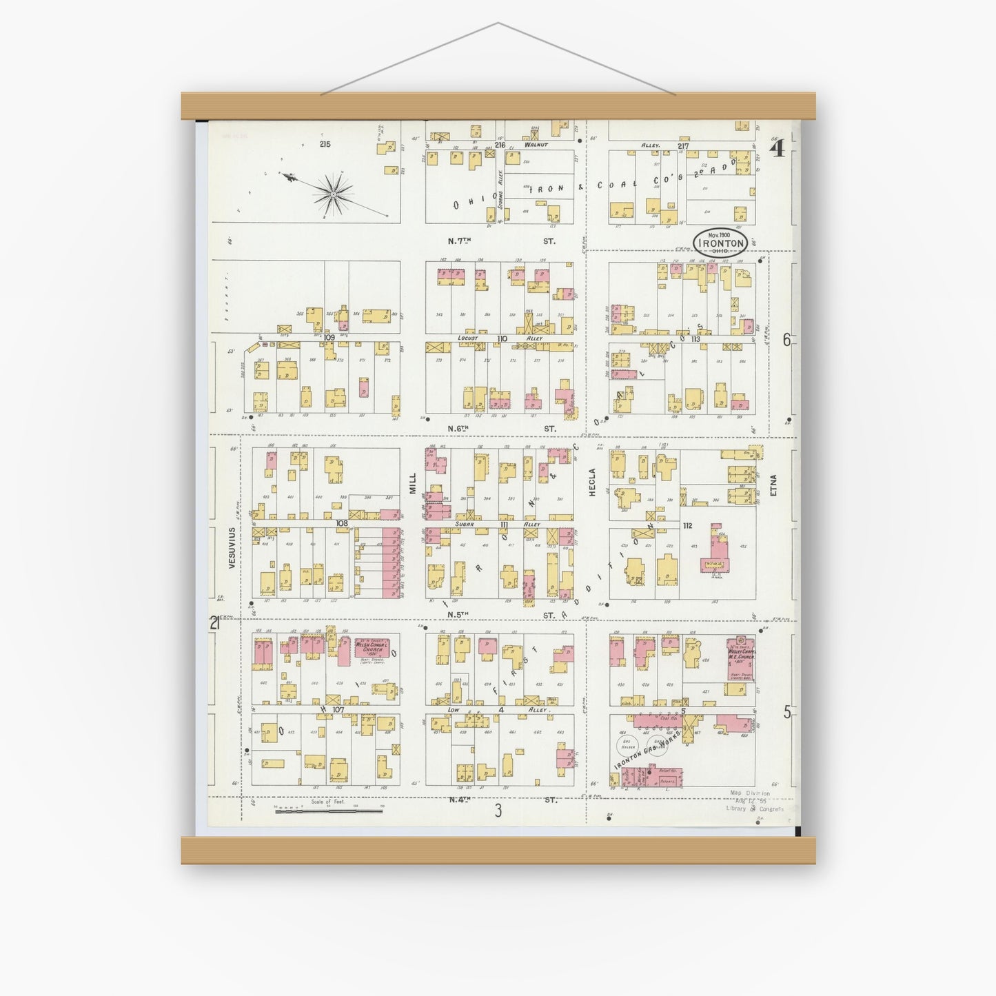 Old map wall art mockup — magnetic wood frame on white wall — Sanborn Fire Insurance Map from Ironton, Lawrence County, Ohio (1900), Sheet #0004