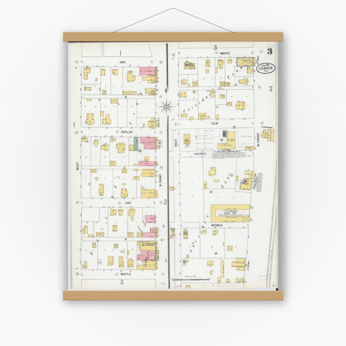 Old map wall art mockup — magnetic wood frame on white wall — Sanborn Fire Insurance Map from Cobden, Union County, Illinois (1900), Sheet #0003