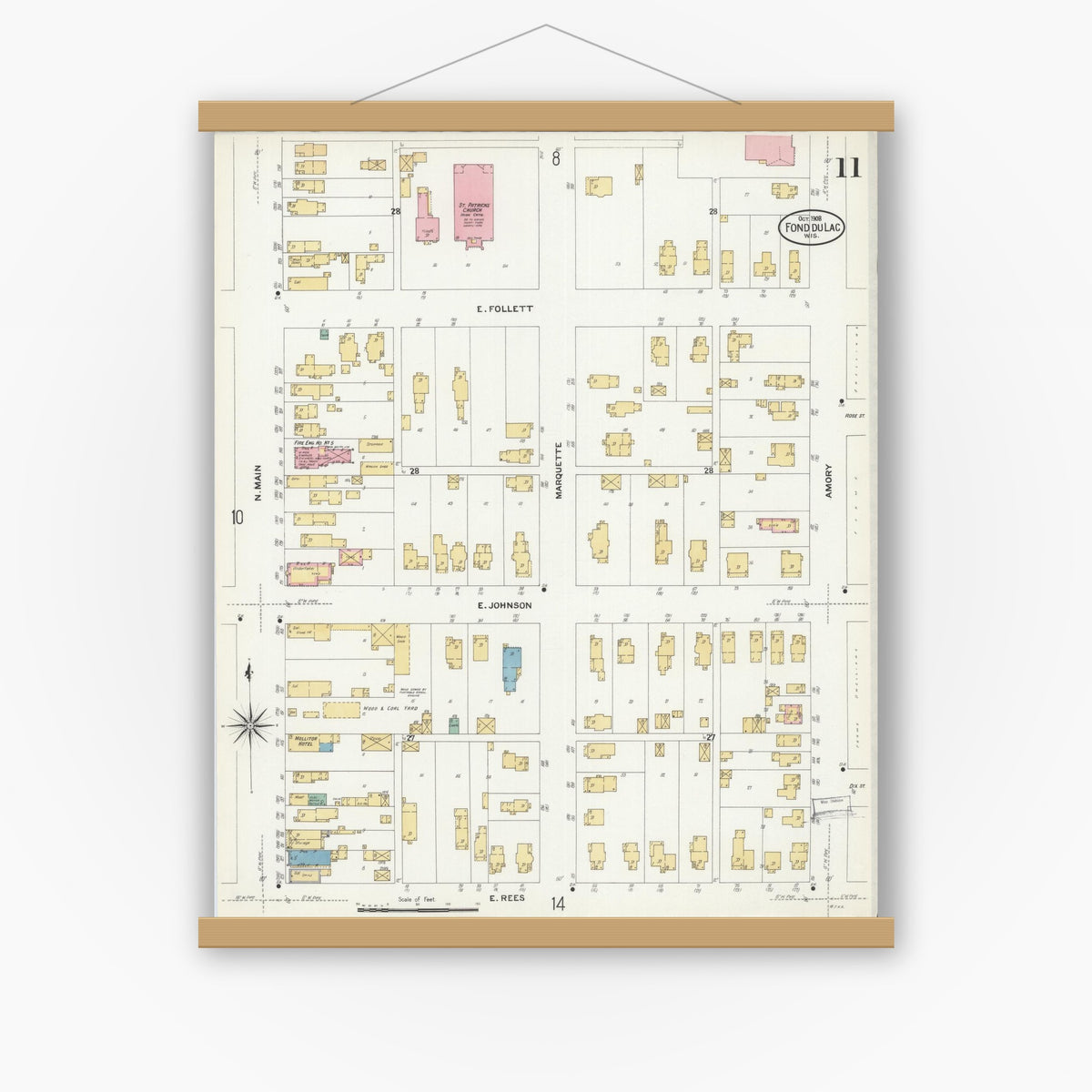 Old map wall art mockup — magnetic wood frame on white wall — Sanborn Fire Insurance Map from Fond du Lac, Fond du Lac County, Wisconsin (1908), Sheet #0011