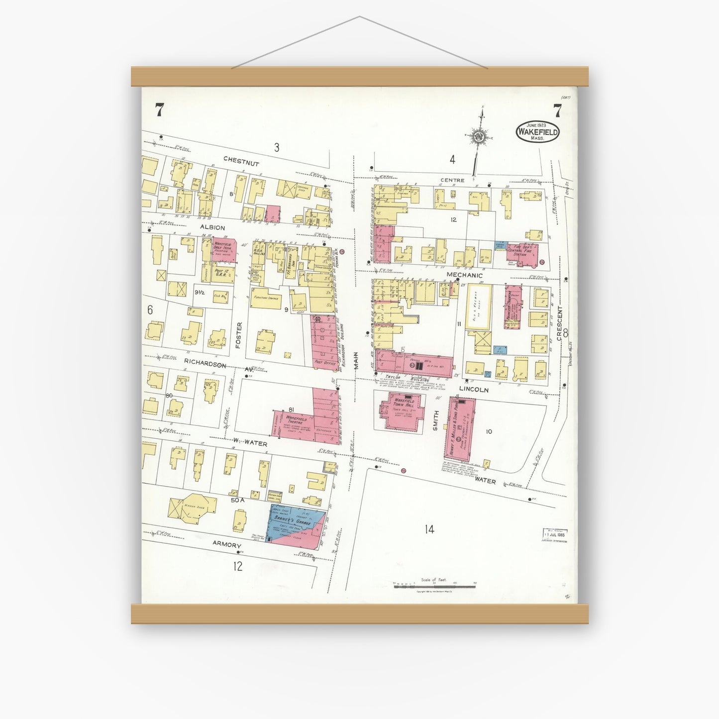 Old map wall art mockup — magnetic wood frame on white wall — Sanborn Fire Insurance Map from Wakefield, Middlesex County, Massachusetts (1923), Sheet #0007