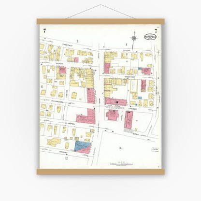 Old map wall art mockup — magnetic wood frame on white wall — Sanborn Fire Insurance Map from Wakefield, Middlesex County, Massachusetts (1923), Sheet #0007