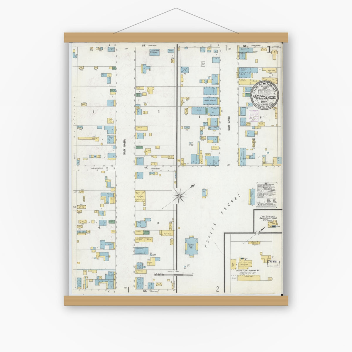 Old map wall art mockup — magnetic wood frame on white wall — Sanborn Fire Insurance Map from Fredericksburg, Gillespie County, Texas (1902) - Complete Map Set