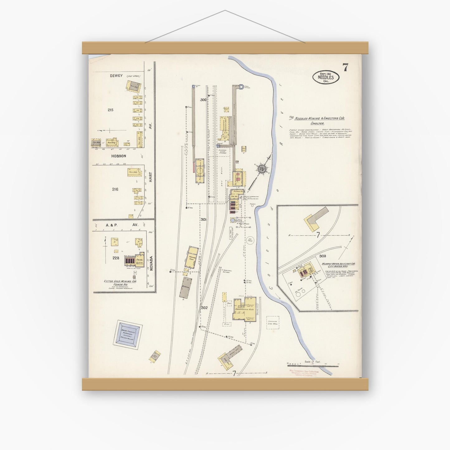 Old map wall art mockup — magnetic wood frame on white wall — Sanborn Fire Insurance Map from Needles, San Bernardino County, California (1910), Sheet #0007