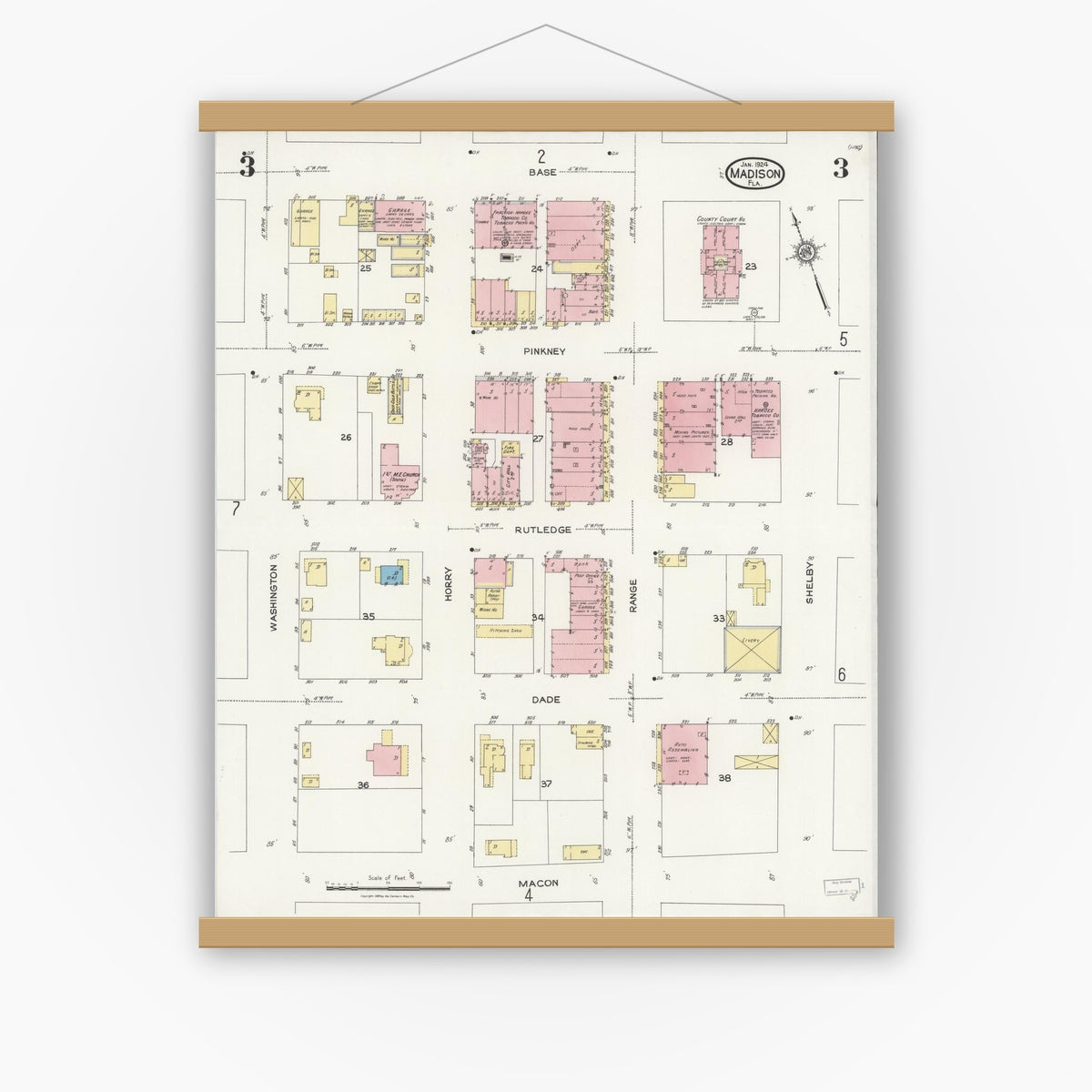 Old map wall art mockup — magnetic wood frame on white wall — Sanborn Fire Insurance Map from Madison, Madison County, Florida (1924), Sheet #0003