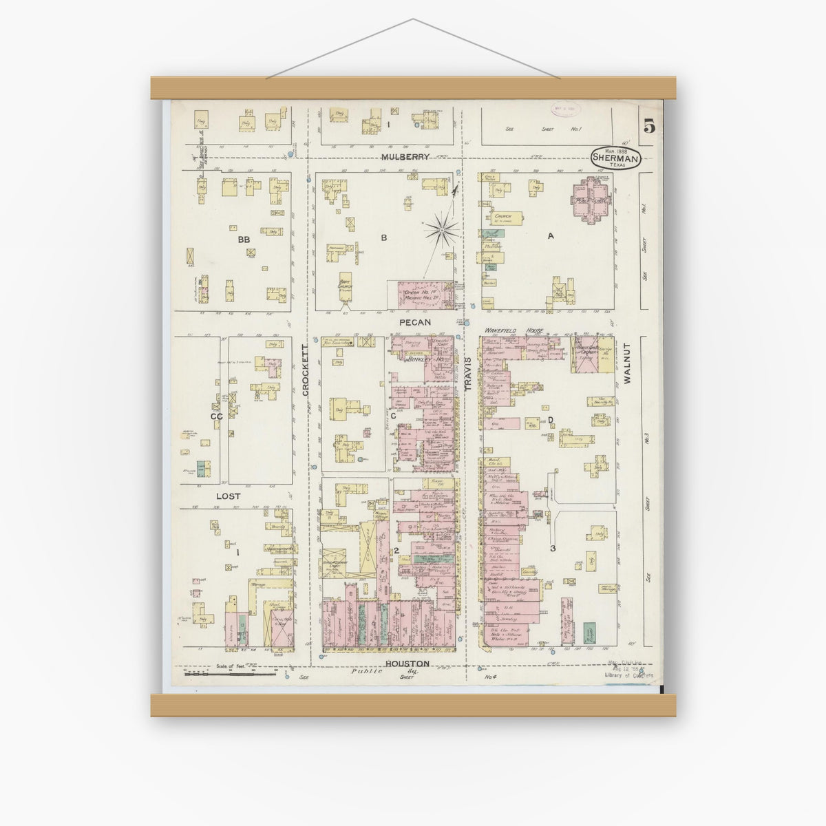 Old map wall art mockup — magnetic wood frame on white wall — Sanborn Fire Insurance Map from Sherman, Grayson County, Texas (1888), Sheet #0005