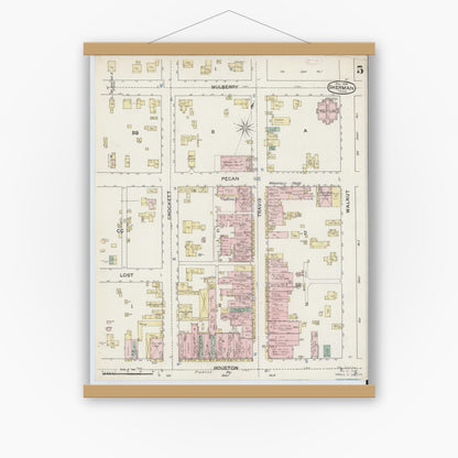 Old map wall art mockup — magnetic wood frame on white wall — Sanborn Fire Insurance Map from Sherman, Grayson County, Texas (1888), Sheet #0005