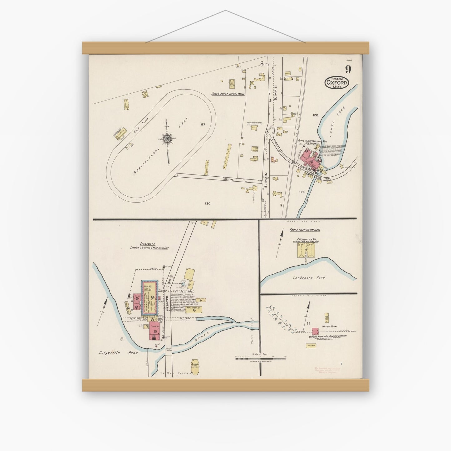 Old map wall art mockup — magnetic wood frame on white wall — Sanborn Fire Insurance Map from Oxford, Worcester County, Massachusetts (1922), Sheet #0009
