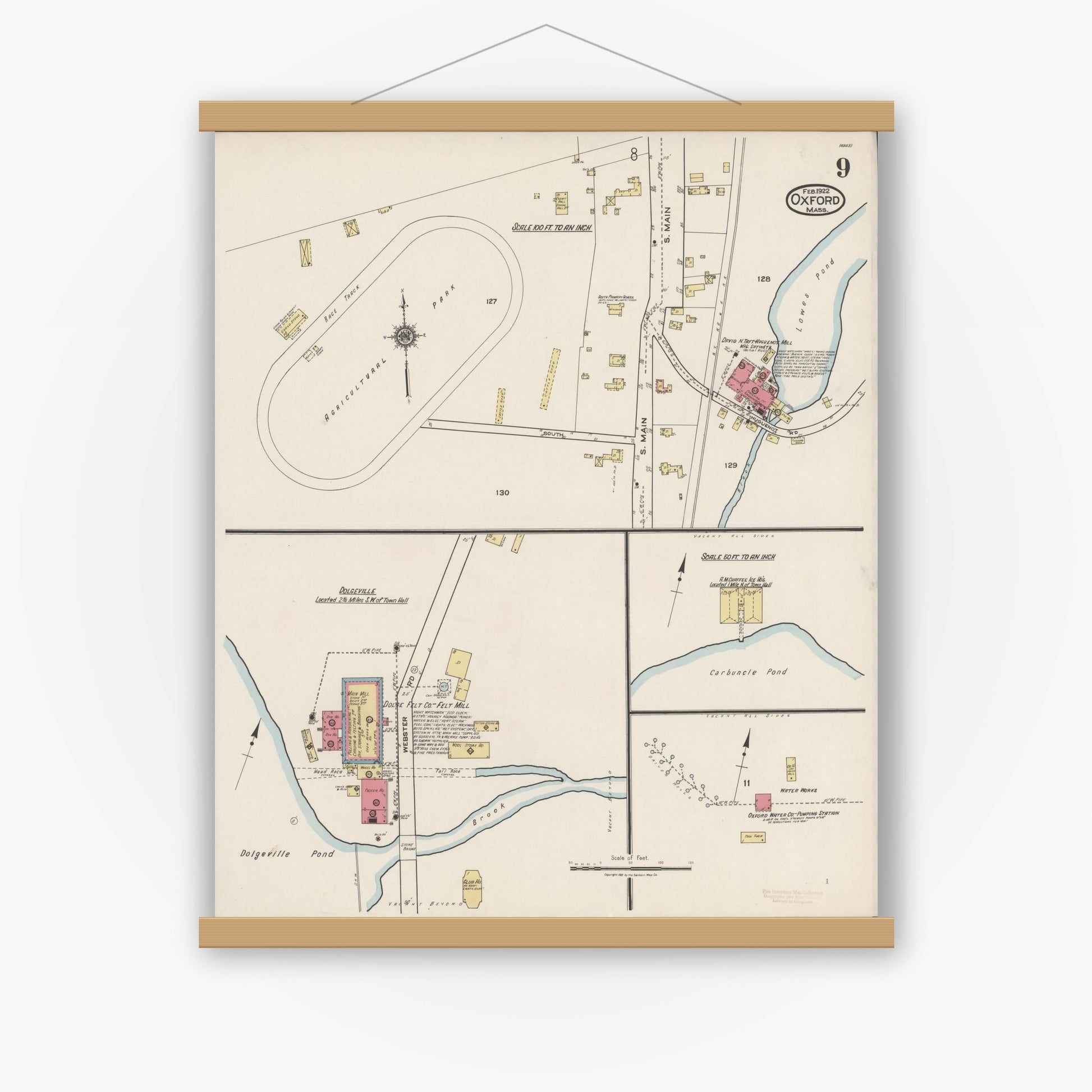Old map wall art mockup — magnetic wood frame on white wall — Sanborn Fire Insurance Map from Oxford, Worcester County, Massachusetts (1922), Sheet #0009