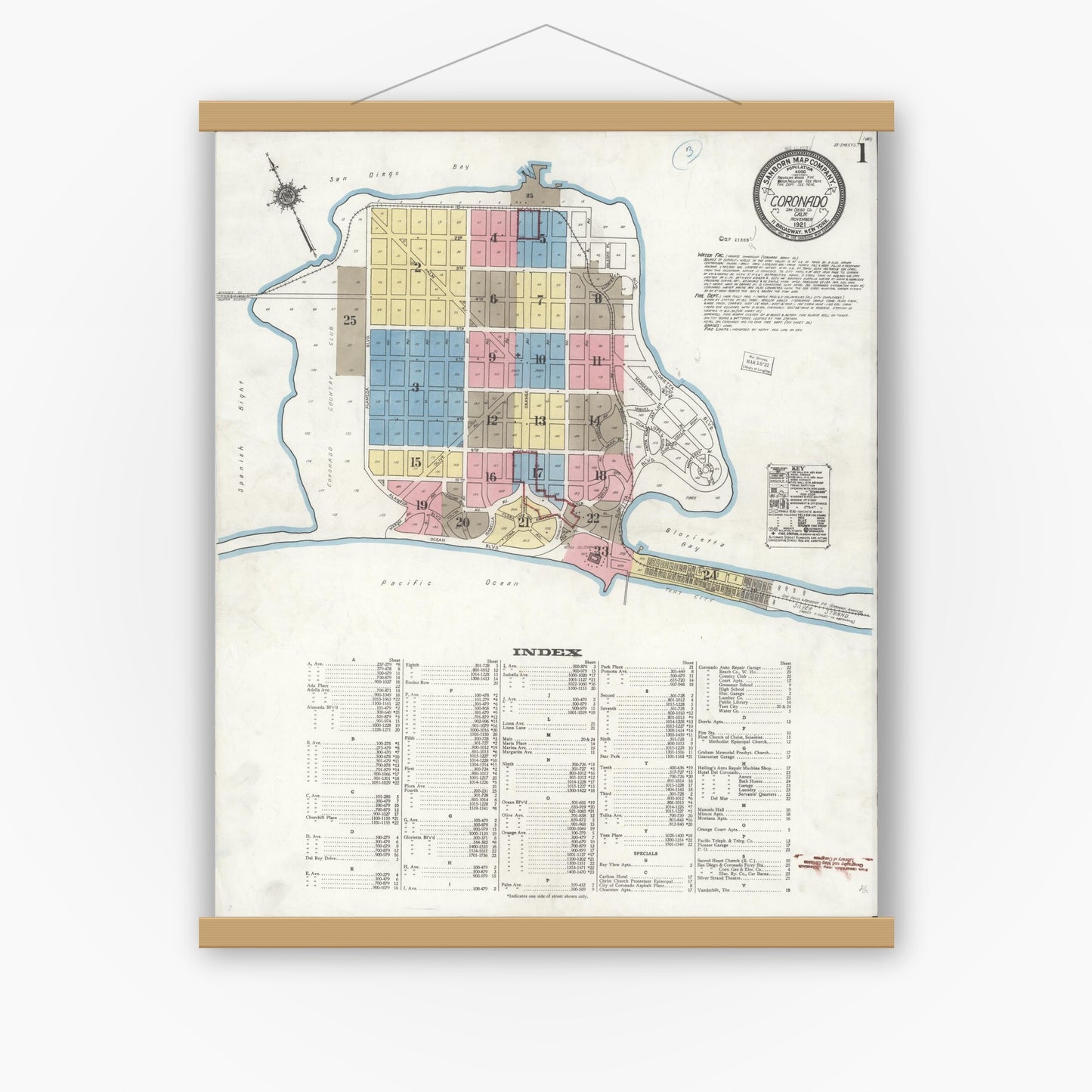 Old map wall art mockup — magnetic wood frame on white wall — Sanborn Fire Insurance Map from Coronado, San Diego County, California (1921) - Complete Map Set