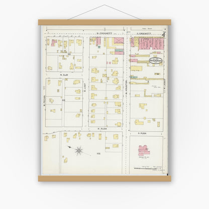 Old map wall art mockup — magnetic wood frame on white wall — Sanborn Fire Insurance Map from Sherman, Grayson County, Texas (1892), Sheet #0004