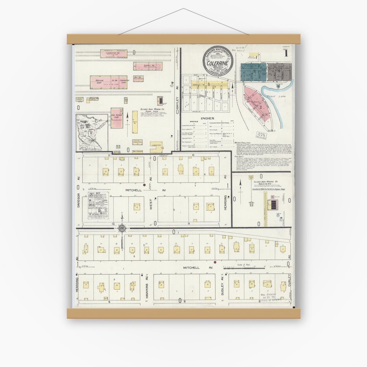 Old map wall art mockup — magnetic wood frame on white wall — Sanborn Fire Insurance Map from Coleraine, Itasca County, Minnesota (1921), Sheet #0001