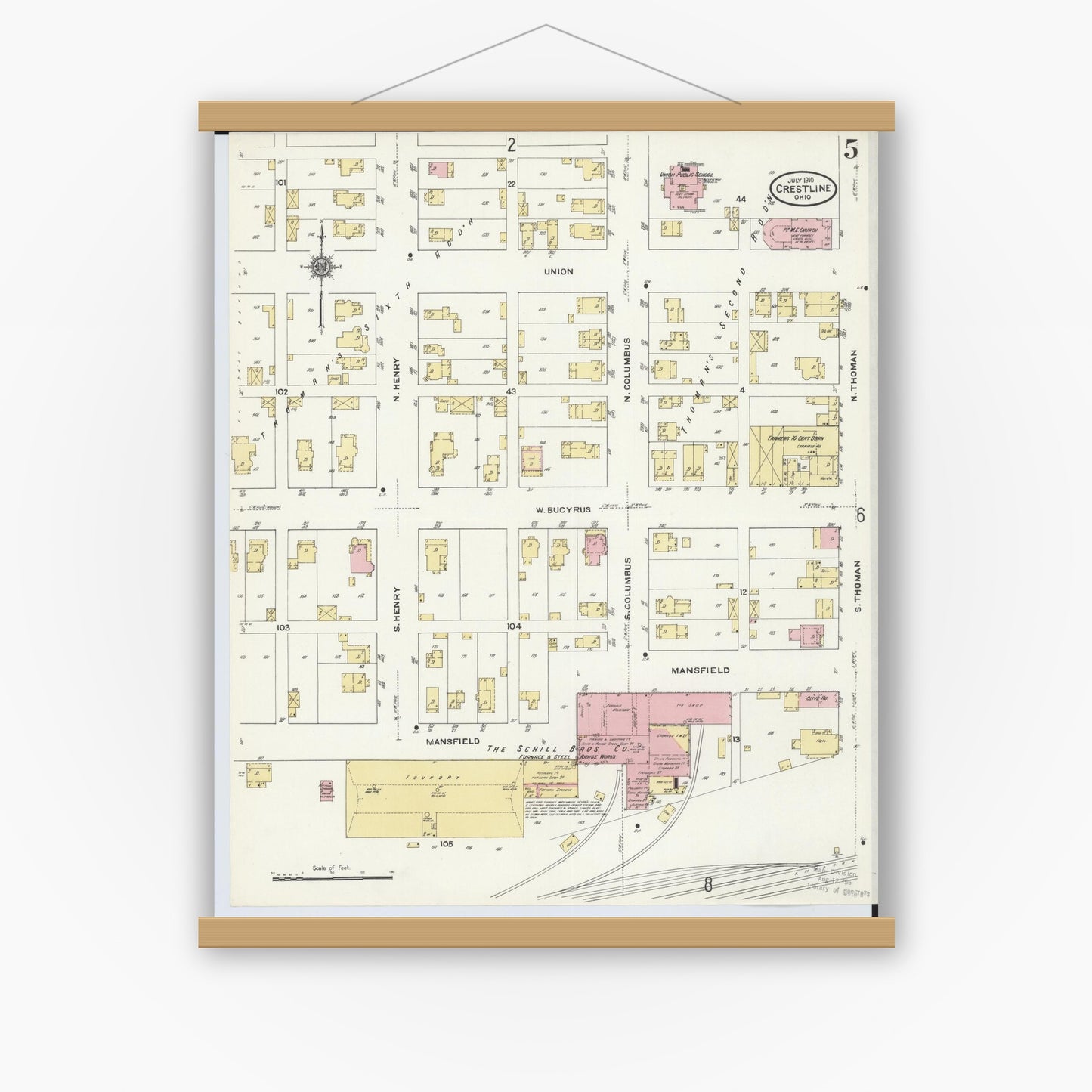 Old map wall art mockup — magnetic wood frame on white wall — Sanborn Fire Insurance Map from Crestline, Crawford County, Ohio (1910), Sheet #0005