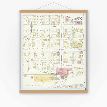 Old map wall art mockup — magnetic wood frame on white wall — Sanborn Fire Insurance Map from Crestline, Crawford County, Ohio (1910), Sheet #0005
