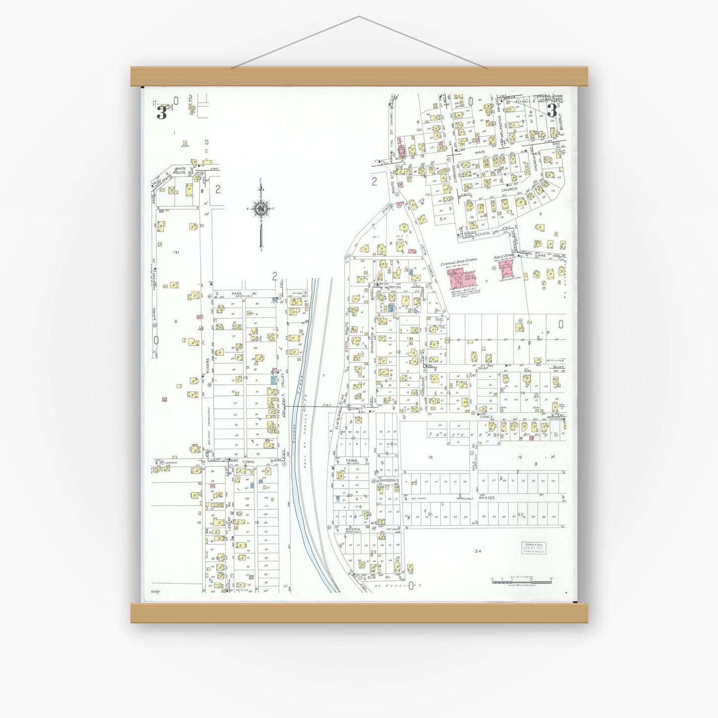 Old map wall art mockup — magnetic wood frame on white wall — Sanborn Fire Insurance Map from Corning, Perry County, Ohio (1950), Sheet #0003