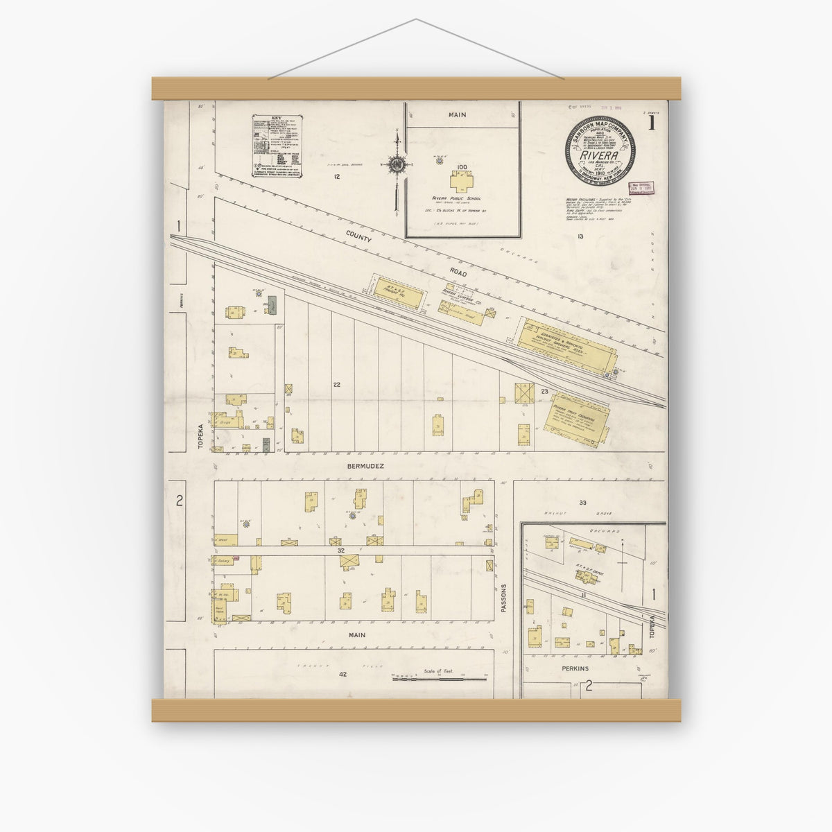 Old map wall art mockup — magnetic wood frame on white wall — Sanborn Fire Insurance Map from Rivera, Los Angeles County, California (1910) - Complete Map Set