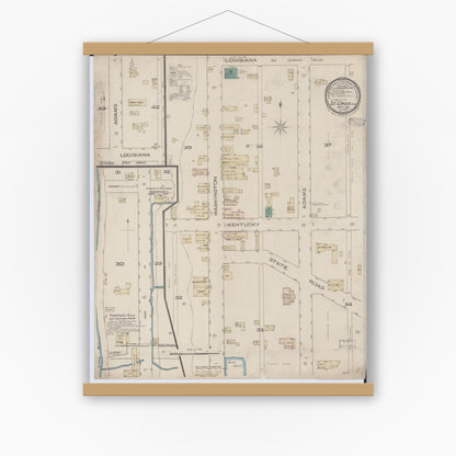 Old map wall art mockup — magnetic wood frame on white wall — Sanborn Fire Insurance Map from Saint Croix Falls, Polk County, Wisconsin (1885), Sheet #0001